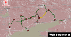 Схема залізничного сполучення окупованих українських територій з Ростовською областю РФ. Ділянка, що будується, виділена жовтим кольором.