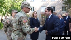 Armenia - Armenian Defense Minister Suren Papikian greets U.S. generals watching a U.S.-Armenian military exercise, September 15, 2023.