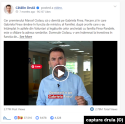 Videoul în care Cătălin Drulă a cerut demisia Gabrielei Firea a adunat aproape 100.000 de apecieri și a avut peste 2,7 milioane de vizualizări.