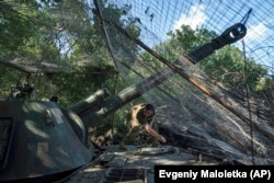 A Ukrainian self-propelled howitzer surrounded by wire netting in the Donetsk region on June 20.