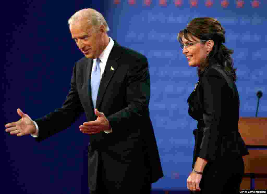 2008: Sarah Palin, zëvendëse e propozuar e John McCainit, dhe Joe Biden, i propozuar për zëvendës të demokratit Barack Obama, u përballën për ekonominë dhe për Irakun, gjatë një debati të gjallë por miqësor mes kandidatësh për nënpresident. Palin vazhdimisht shfaqi një stil popullor. Në një moment, ajo tha: &ldquo;Ou, thuaj se s&rsquo;është kështu, Joe&rdquo;, duke shtuar një &ldquo;dreqi e marrtë&rdquo;. Si Biden, ashtu edhe Palin u zotuan që do ta bënin politikën ekonomike amerikane më të favorshme për punonjësit e shtresës së mesme, por Biden tha se McCain i kishte cilësuar shtyllat e ekonomisë të forta në kohën kur shpërtheu një krizë financiare. Dyshja Obama-Biden fitoi zgjedhjet.