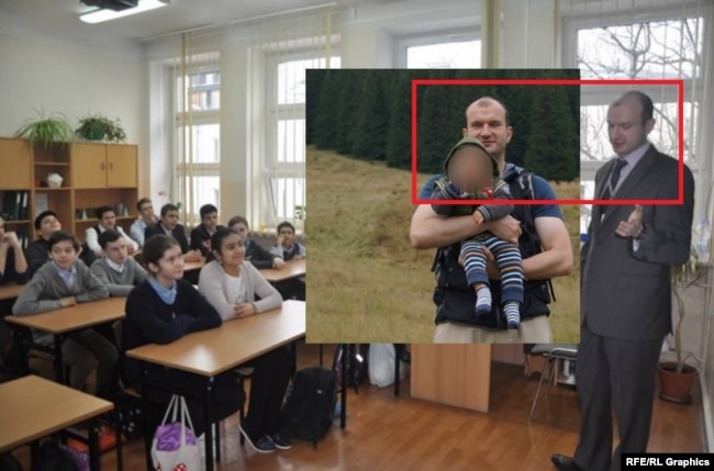Mikhail Generalov (right) speaks to a group of students at the Russian Embassy school in Warsaw in 2017. Inset: an Instagram profile photo of Generalov.