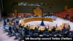 نماینده گان کشور های عضو شورای امنیت سازمان ملل هنگام رای دهی روی قطعنامه یی که اعمال طالبان را در افغانستان محکوم میکند. 