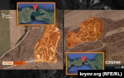 Колаж супутникових знімків. Ліворуч – нова база ППО поблизу Керчі, 28 серпня 2023 року. Праворуч – база ППО на Таманському півострові, 19 вересня 2023 року