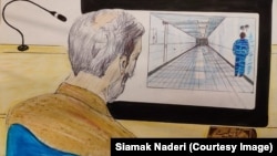 طرحی از سیامک نادری، از شاهدان دادگاه حمید نوری، از یکی از جلسه‌های دادگاه
