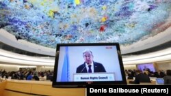 United Nations Secretary-General Antonio Guterres addresses the Human Rights Council at the United Nations in Geneva on February 27.