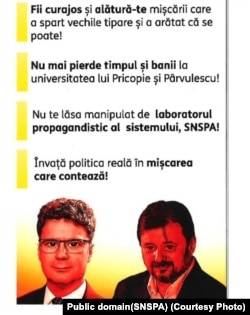 Pliant AUR prin care studenților de la SNSPA li se cerea să renunțe la facultate și să se înscrie în partid.