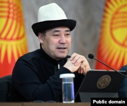 Kyrgyz President Sadyr Japarov at a meeting with local residents in the Issyk-Kul region on February 19.