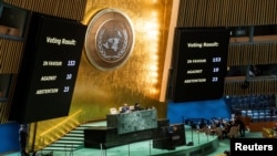 Rezultatele votului în timpul reuniunii Adunării Generale a Națiunilor Unite privind rezoluția de încetare focului în Gaza. New York, SUA, 12 decembrie 2023.