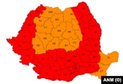 Harta zonele din România pentru care s-a emis cod roșu de caniculă pe 13 și 14 iulie.