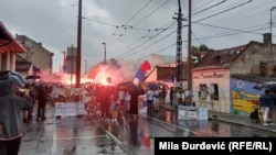 Protesta kundër festivalit "Mirëdita, dobar dan" në Beograd, Serbi, më 27 qershor 2024.
