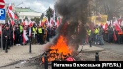 Polish farmers protest in Warsaw earlier this year against EU policies toward agricultural imports from Ukraine. 