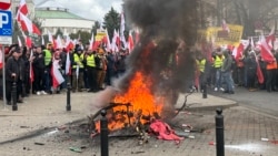 Polish farmers protest in Warsaw earlier this year against EU policies toward agricultural imports from Ukraine. 