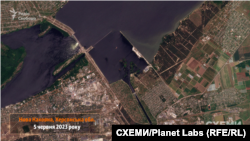 Каховское водохранилище в Херсонской области до разрушения Россией дамбы Каховской ГЭС 6 июня 2023 года, зафиксированное спутниковым снимком Planet Labs