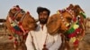 A man poses with asacrificial camels put on sale at a local cattle market ahead of Eid Al-Adha in Karachi.