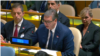 Serbian President Aleksandar Vucic speaks at the UN General Assembly on May 23. 