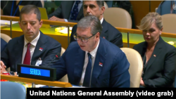 Serbian President Aleksandar Vucic speaks at the UN General Assembly on May 23. 