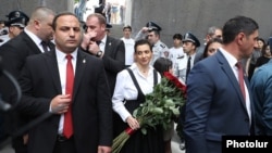 Armenia - Anna Hakobian, the wife of Prime Minister Nikol Pashinian, hears hostile chants as she visits the Armenian Genocide Memorial in Yerevan, April 24, 2024.