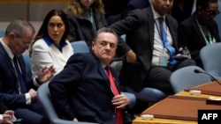 Ministrul de externe israelian Israel Katz la ședința Consiliului de Securitate ONU pe tema evoluțiilor din țara sa, la 11 martie 2024, la New York.