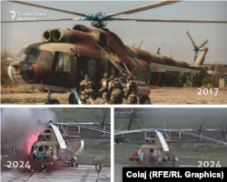 Imagini ale elicopterului în 2017 și 2024, care indică faptul că elicopterul aruncat în aer a fost cel mai probabil folosit în timpul unui exercițiu în urmă cu 7 ani