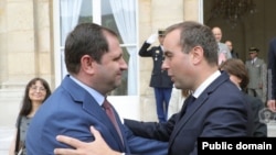 France - French Armed Forces Minister Sebastien Lecornu (right) meets Armenian Defense Minister Suren Papikian, Paris, June 20, 2023.