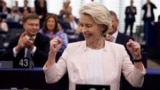 Ursula von der Leyen reacts after the announcement of her reelection by the European Parliament as president of the European Commission in a 401-284 vote with 15 abstentions on July 18.