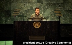 Президент України Володимир Зеленський під час виступу на Генеральній асамблеї ООН. Нью-Йорк, 19 вересня 2023 року