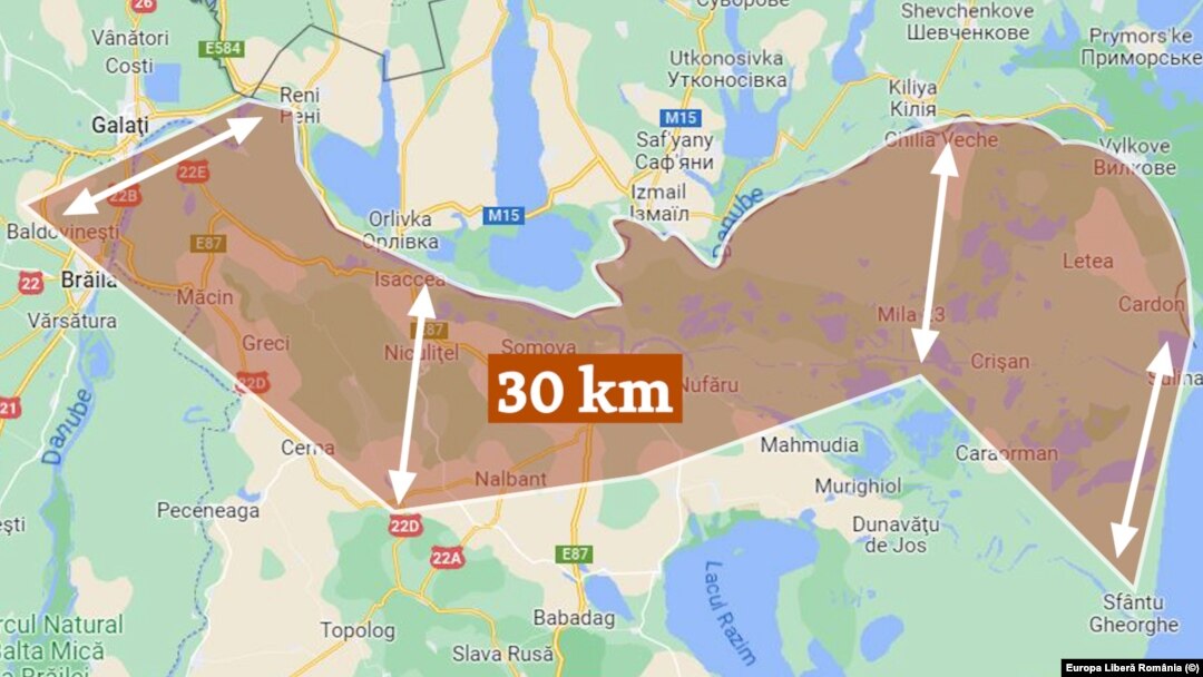 Harta zonei în care ar putea fi impuse noile restricții de zbor, realizată de Europa Liberă, pe baza informațiilor furnizate de MApN.