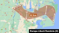 SIMULARE. Hartă realizată de Europa Liberă, în baza informațiilor furnizate de MApN. Am luat în calcul distanța maximă de 30 de km, transmisă de autorități.