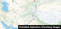 Кыргызстан - Бишкек-Кашгар-Карачи транспорттук каттамынын картадан көрүнүшү