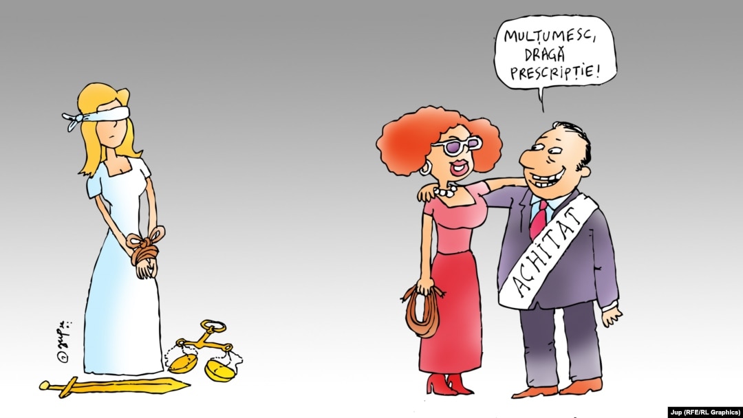 Caricatură care ilustrează numărul mare de dosare finalizate de Justiție prin prescrierea faptelor. Ilustrație: Jup.