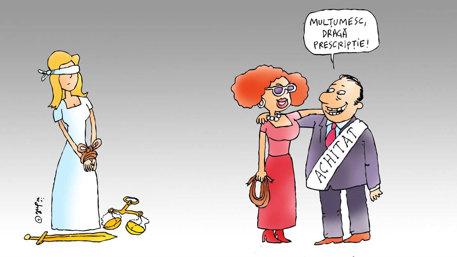 Caricatură care ilustrează numărul mare de dosare finalizate de Justiție prin prescrierea faptelor. Ilustrație: Jup.