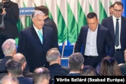 Orbán Viktor és Rogán Antal a miniszterelnök évértékelő beszédén 2023. február 18-án