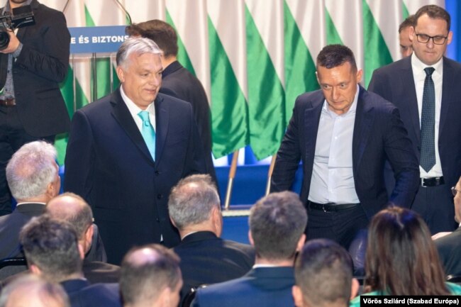 Orbán Viktor és Rogán Antal a miniszterelnök évértékelő beszédén 2023. február 18-án