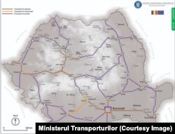 Masterplanul Național de Transport - cu linii galbene sunt marcate autostrăzile deschise în prezent. Brașovul este, alături de Iași, singurul care nu beneficiază de o legătură directă, sau în imediata apropiere, la un drum rapid, ci doar de proiecte, care sunt marcate cu mov.