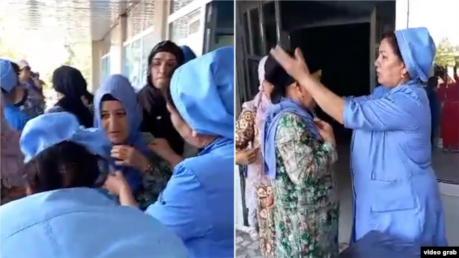 Video posted on social media purportedly shows Tajik medics demanding that visitors remove their hijabs before entering a hospital.