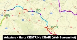 Cu roșul sunt marcate porțiunile deschise din autostrada Transilvania, între Târgu-Mureș și Borș (granița cu Ungaria). Între Târgu-Mureș și Nădășelu (lângă Cluj-Napoca) se circulă pe 114 km, dar de la Nădășelu la Borș sunt deschise doar 2 porțiuni, de 13,5 km și 5,3 km.
