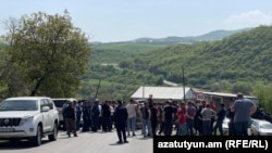 Residents of the village of Kirants in Armenia’s Tavush province block the road passing through their community. April 20, 2024