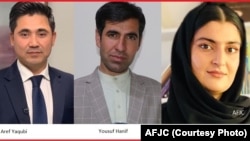 سه خبرنگار که از سوی مرکز خبرنگاران افغانستان جایزه بهترین خبرنگار سال ۲۰۲۳ را بطور مشترک به دست آوردند.