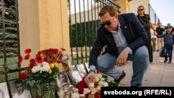 Andrey Stryzhak of the BYSOL foundation participates in a protest outside the Belarusian Embassy in Vilnius in July 2023.