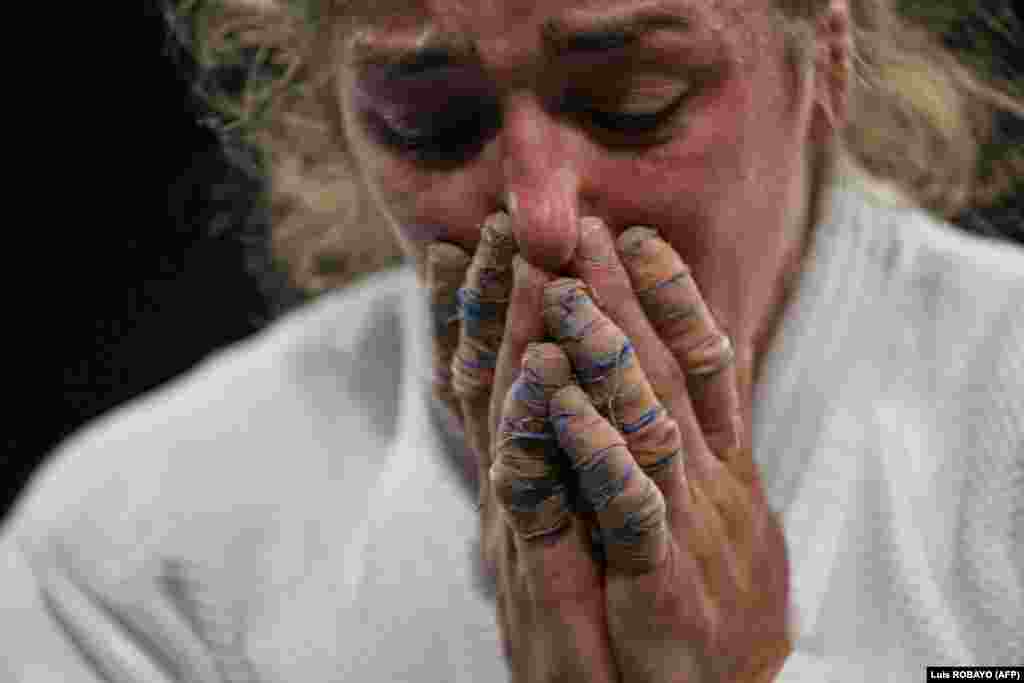 Serbia&#39;s Marica Perisic reacts after losing to Japan&#39;s Haruka Funakubo in the judo women&#39;s under 57-kilogram repechage bout of the Summer Olympics at the Champ-de-Mars Arena in Paris on July 29.