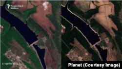 Imagini din satelit arată lacul de acumulare de la Novodnistrovsk pe 27 aprilie (stânga) și 26 mai.