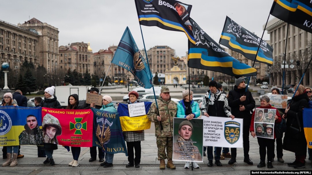 Relatives join a rally in support of soldiers and civilians who have gone missing missing or been captured, in Kyiv on March 16. 