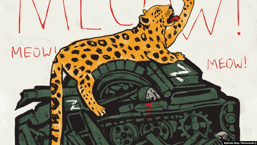 Leopard, tablou digital din 2023 al artistului ucrainean Mykhailo Skop, cunoscut sub numele Neivanmade. Artistul a adăugat umor la cerințele fierbinți ale țării sale pentru tancuri Leopard.