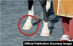 Behind the hoof of the horse, a small gap in the shadow is evidence of manipulation.