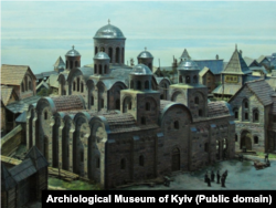 Десятинна церква в діорамі «Місто Володимирове» в Археологічному музеї Києва