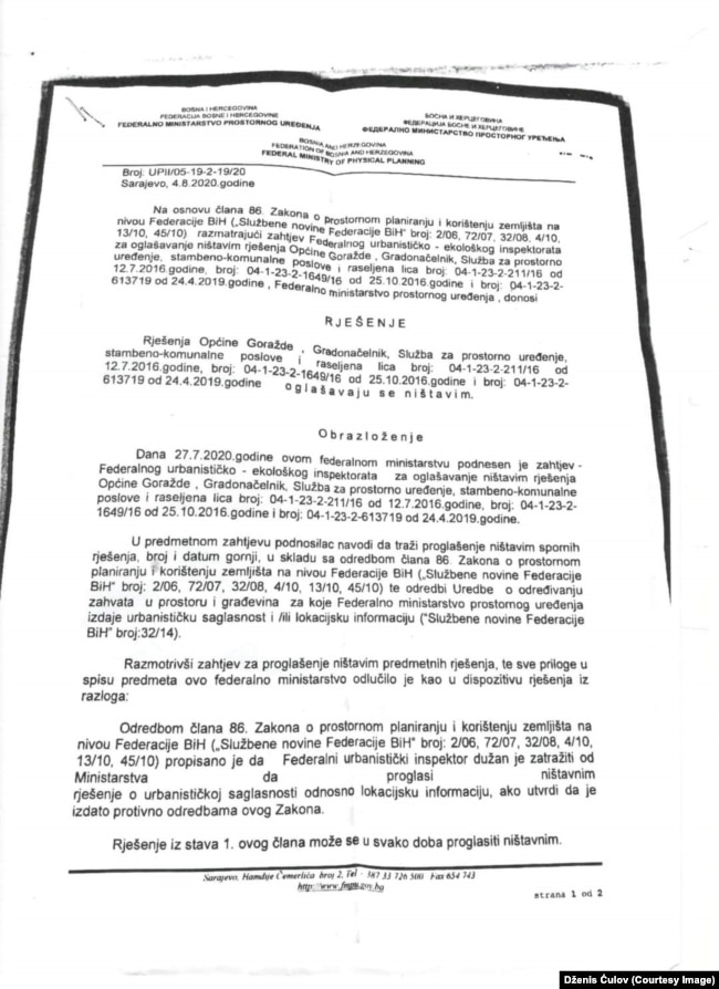 Odluka Federalnog ministarstva prostornog uređenja iz 2020. godine o poništenju urbanističke saglasnosti za izgradnju obaloutvrda na rijeci Drini.
