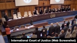 Members of the International Court of Justice take part in a public hearing on the case of Ukraine against Russia on June 6.