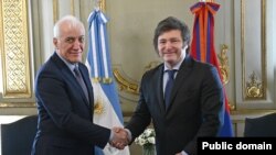 Argentina - Argentina's President-elect Javier Milei meets Armenian President Vahagn Khachaturian, Buenos Aires, December 9, 2023.
