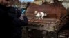 A woman takes a photo of her dog on a destroyed Russian tank on display in Vilnius on March 1.